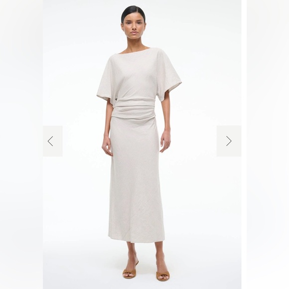 new Staud Amelie draped linen blend midi dress in natural oatmeal heather - Picture 2 of 12